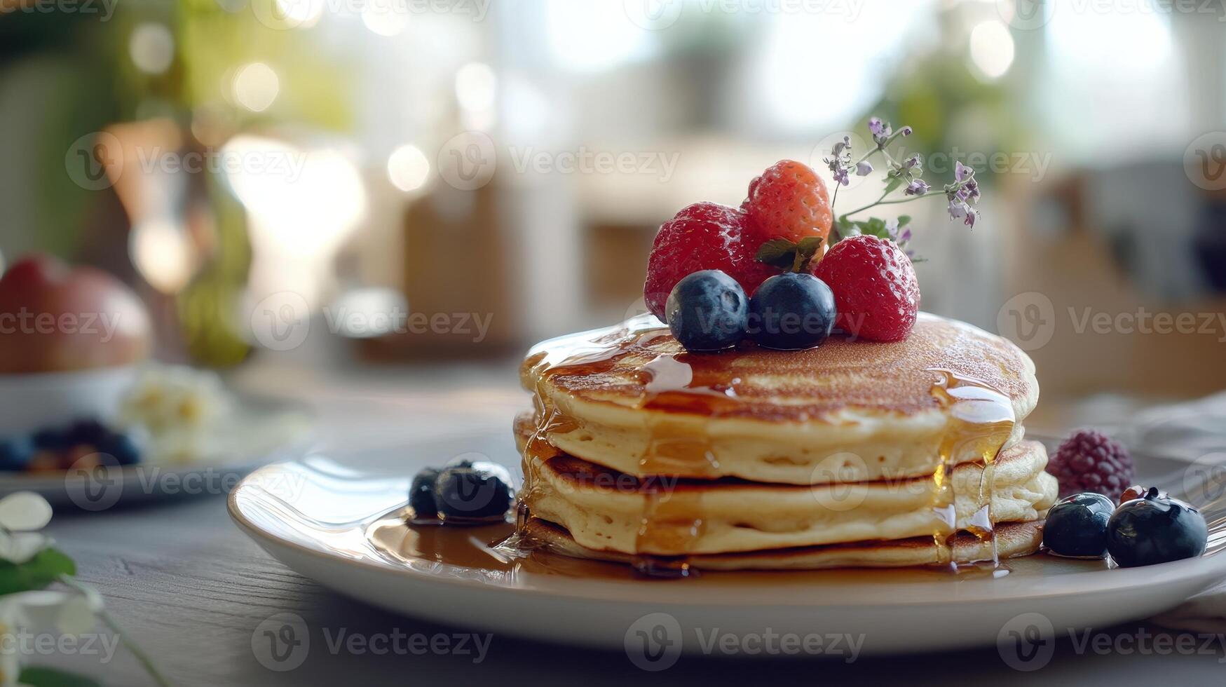 Delicious stack of fluffy pancakes topped with fresh berries and syrup in a cozy kitchen setting during morning hours photo