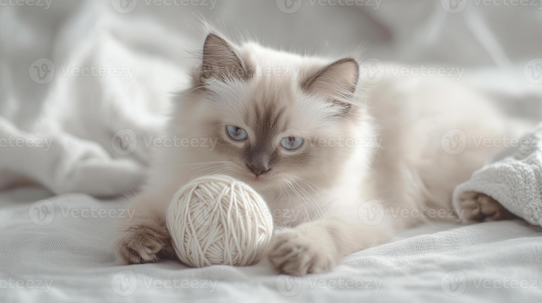 A playful kitten with blue eyes plays with a yarn ball on a soft blanket at home during the afternoon photo