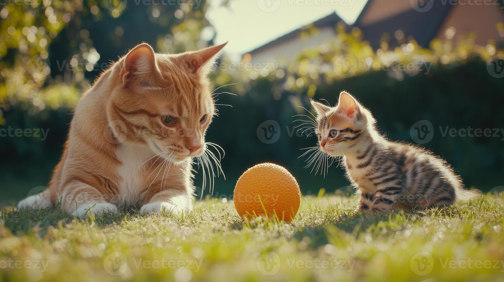 A playful orange cat and a curious kitten explore a vibrant orange ball in a sunny garden during early afternoon photo