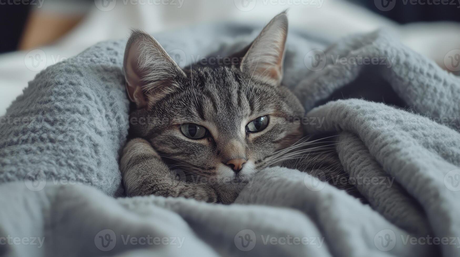 Cat resting comfortably in a cozy blanket indoors during daylight photo