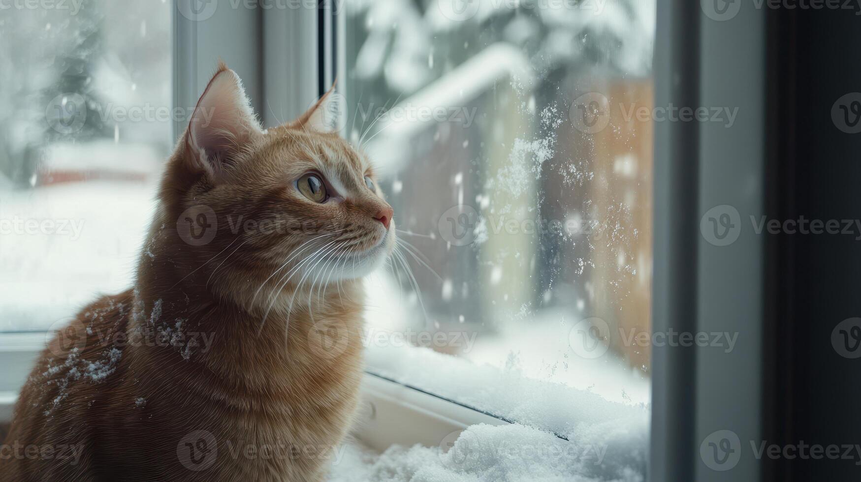 An orange cat gazes out the window at falling snowflakes during a winter afternoon photo