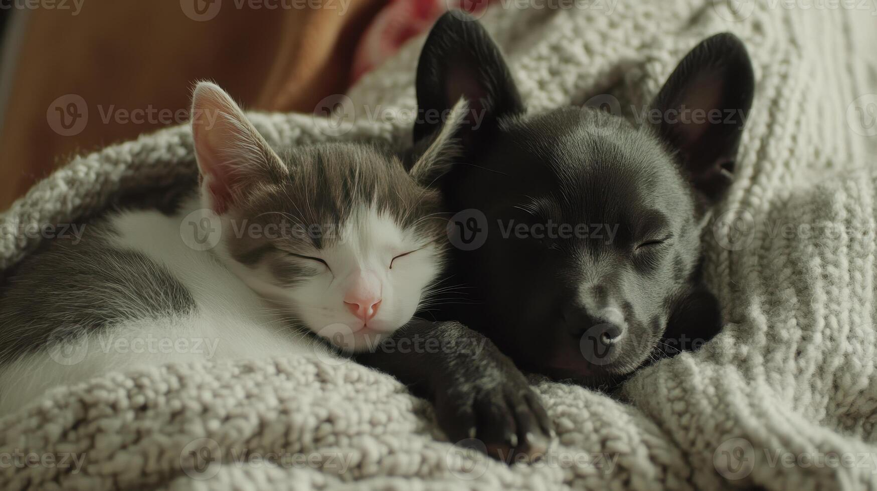A kitten and puppy snuggle together under a cozy blanket, creating a heartwarming moment of companionship photo