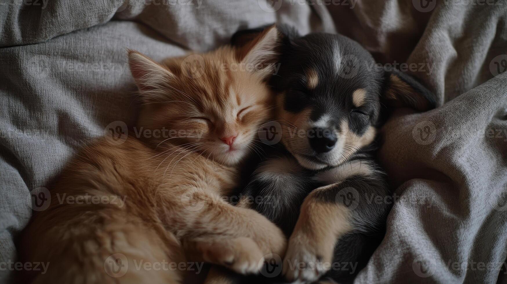 A playful orange kitten cuddles with a sleeping black and tan puppy on a soft blanket in a cozy indoor setting photo