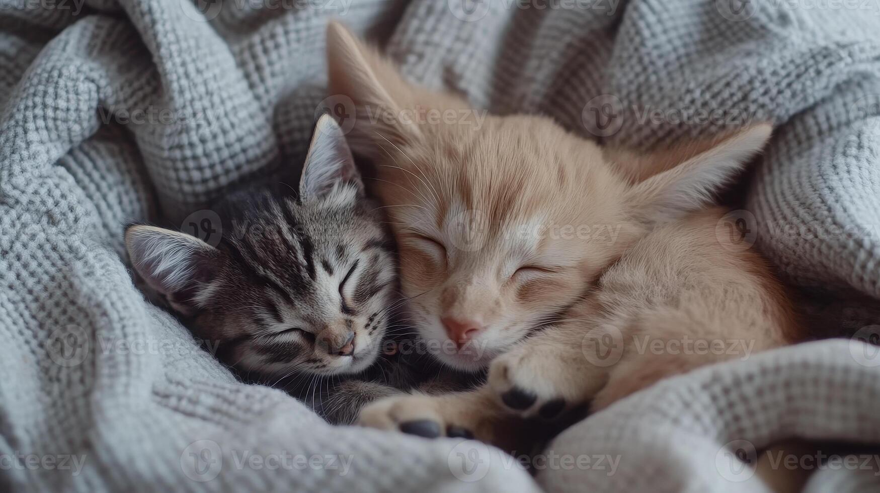 Two adorable kittens cuddling in a cozy blanket during a warm afternoon nap photo