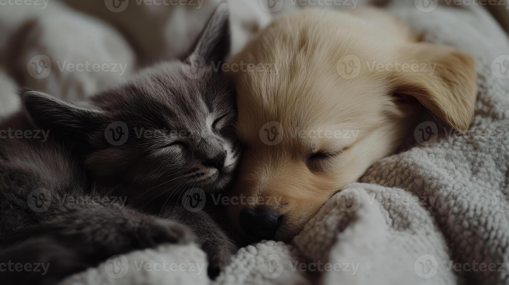 A cozy kitten and puppy snuggled together on a soft blanket in a warm home setting photo