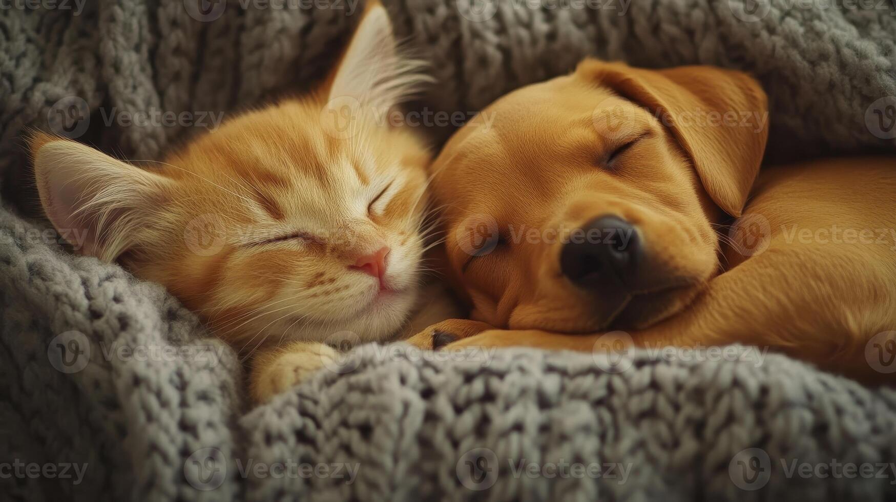 Cute orange kitten and golden puppy sleeping together under a cozy gray blanket in a warm indoor setting photo