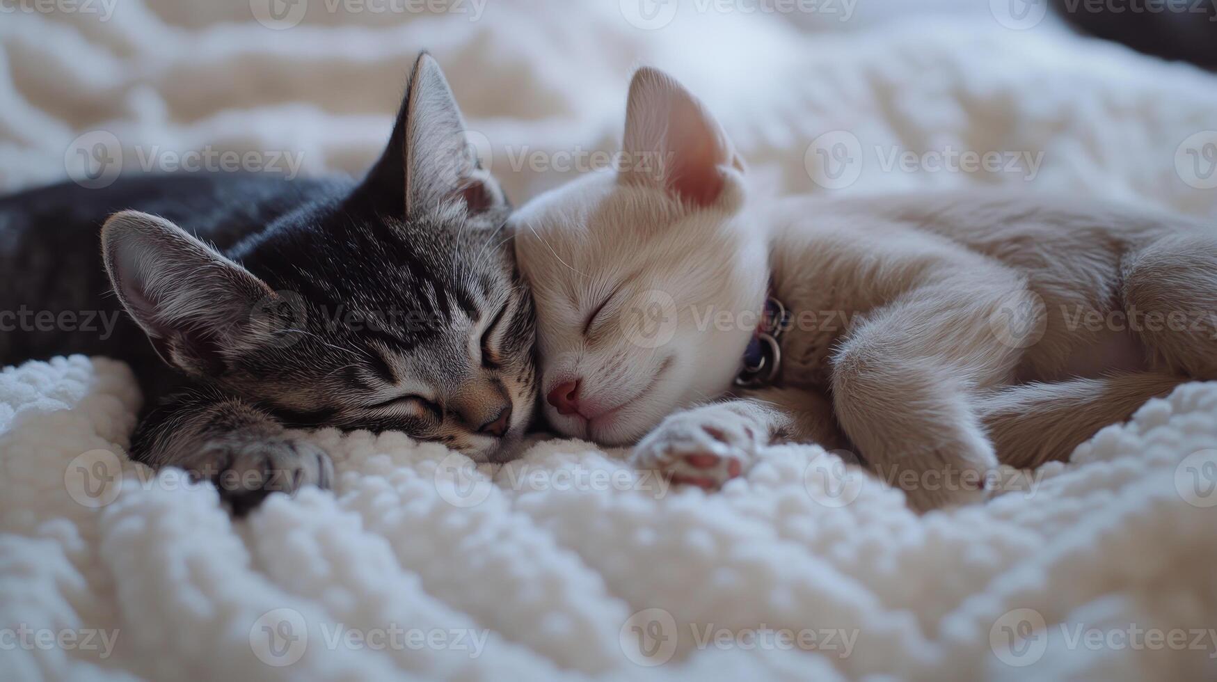 Two kittens sleeping peacefully together on a soft blanket in a cozy indoor setting photo