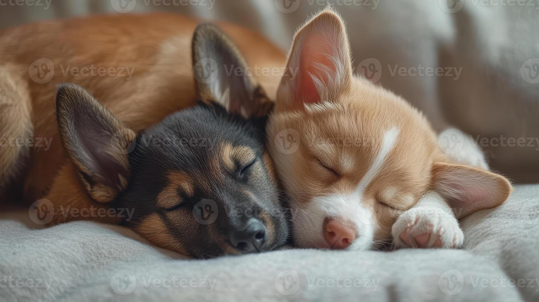 Two puppies sleeping peacefully on a soft blanket in a cozy indoor setting during the afternoon photo