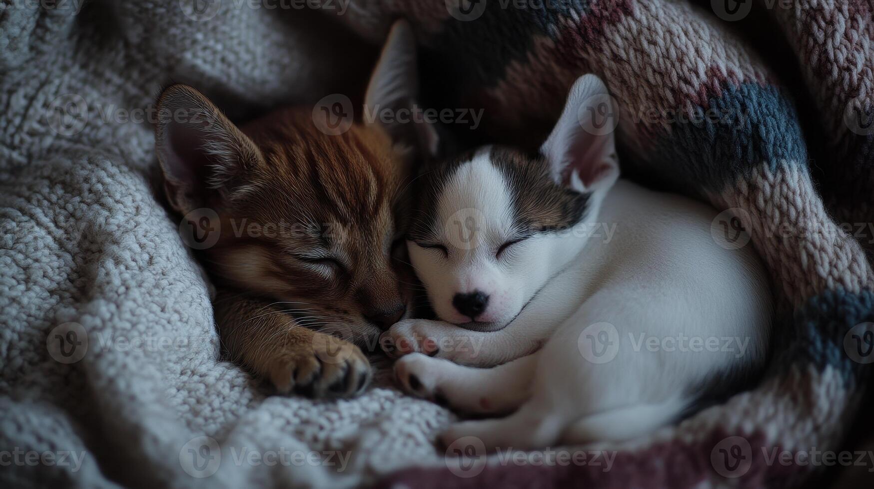 A playful kitten and puppy cuddle together on a cozy blanket during a peaceful afternoon photo