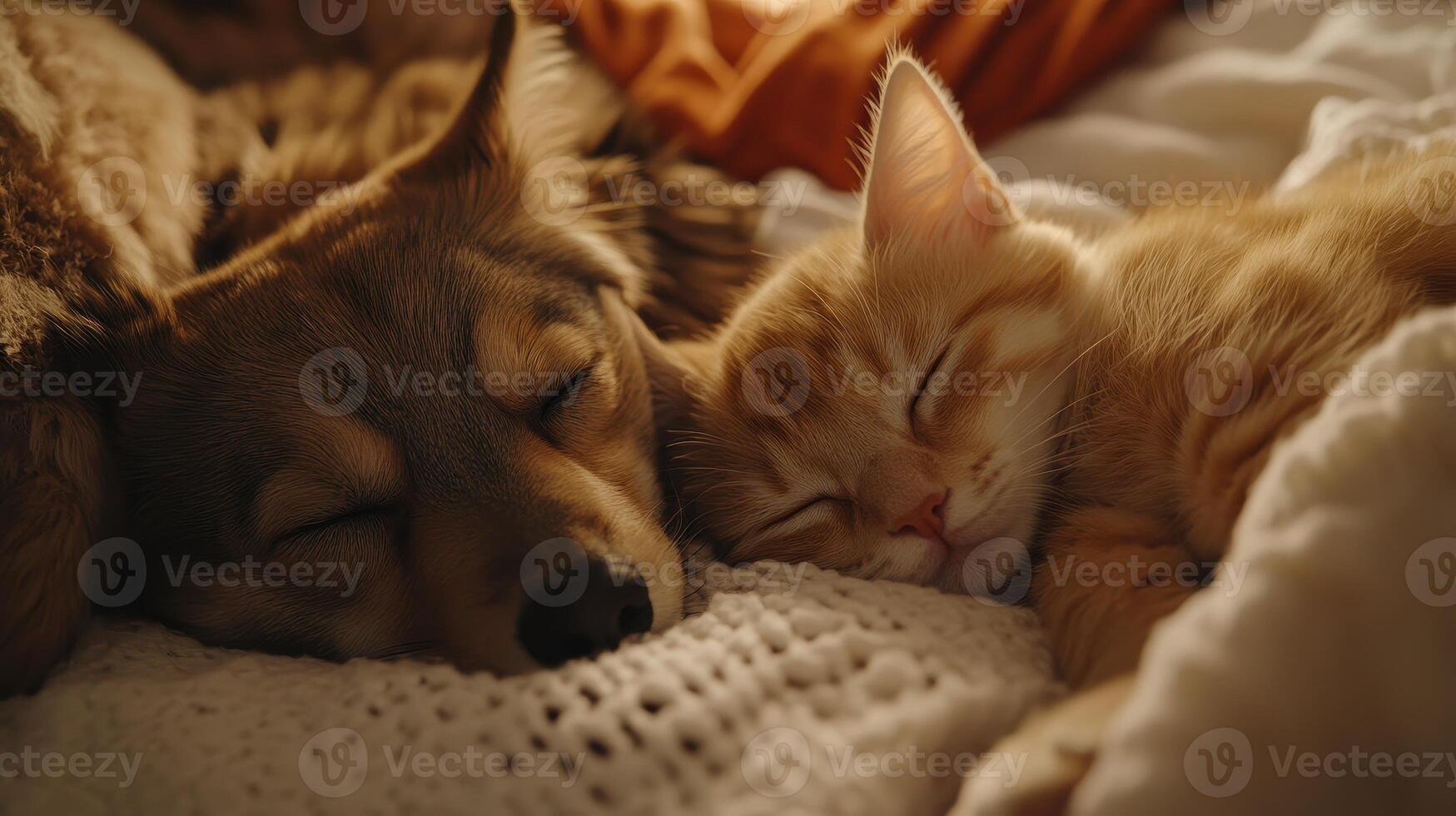 A dog and a cat sleeping peacefully together on a cozy blanket in a warm indoor setting photo