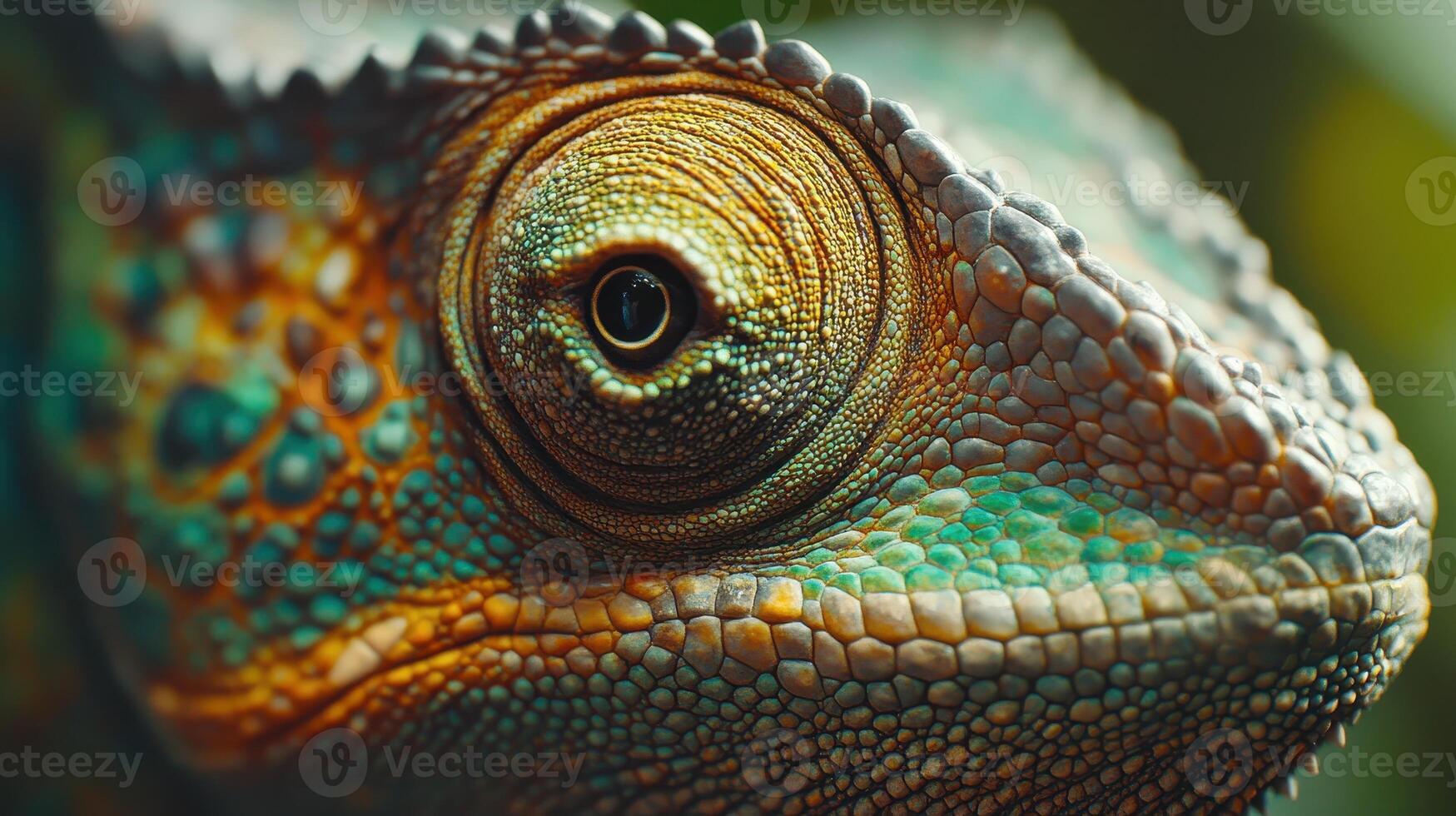 Close-up view of a colorful lizard basking in natural light, showcasing intricate skin patterns and vivid colors in a lush environment photo