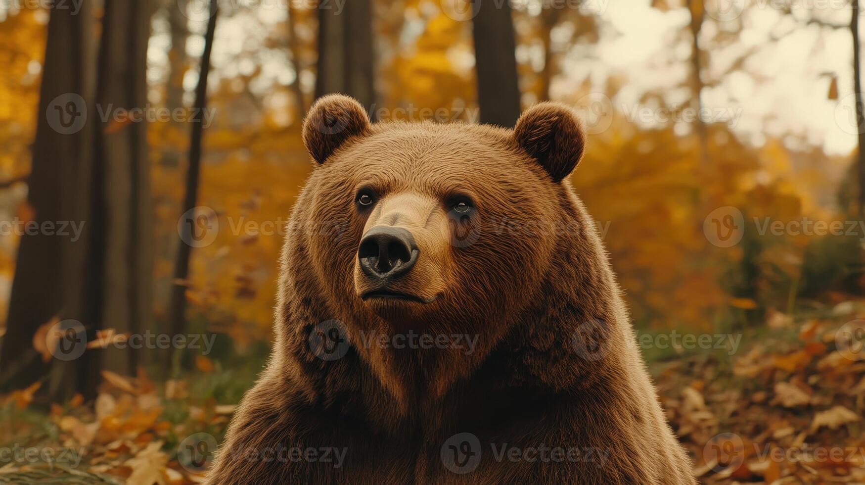 A lone bear gazes curiously in an autumn forest filled with colorful leaves during the golden hour photo