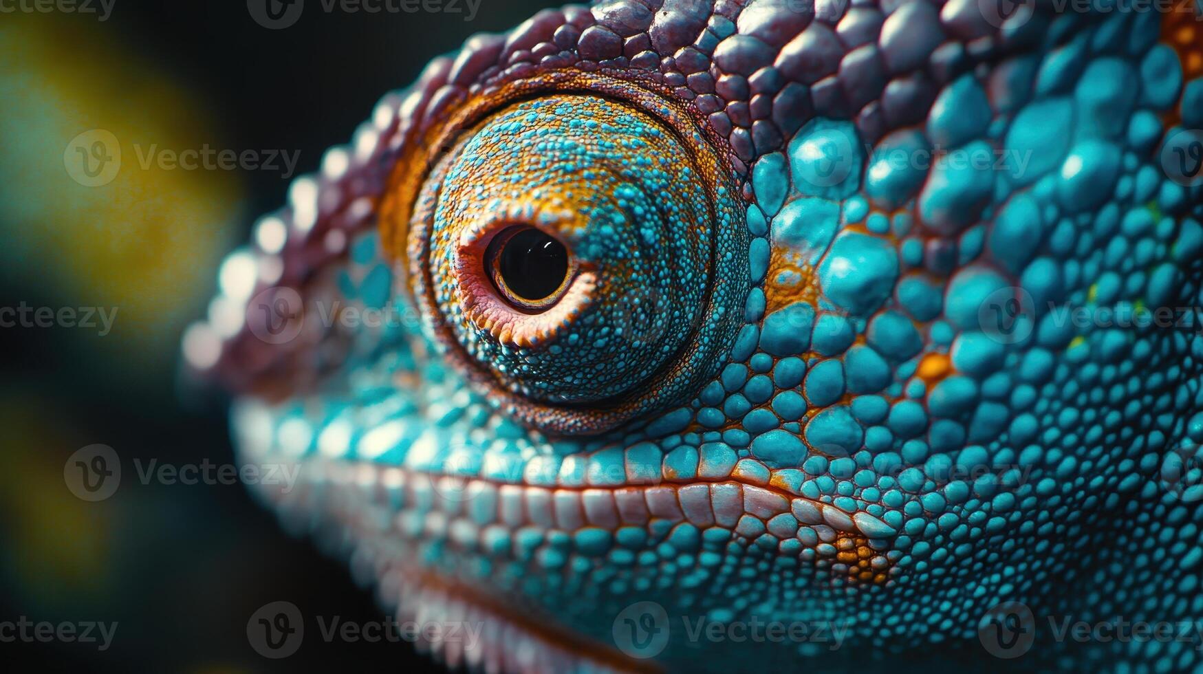 Close-up of a vibrant blue chameleon against a blurred natural background photo