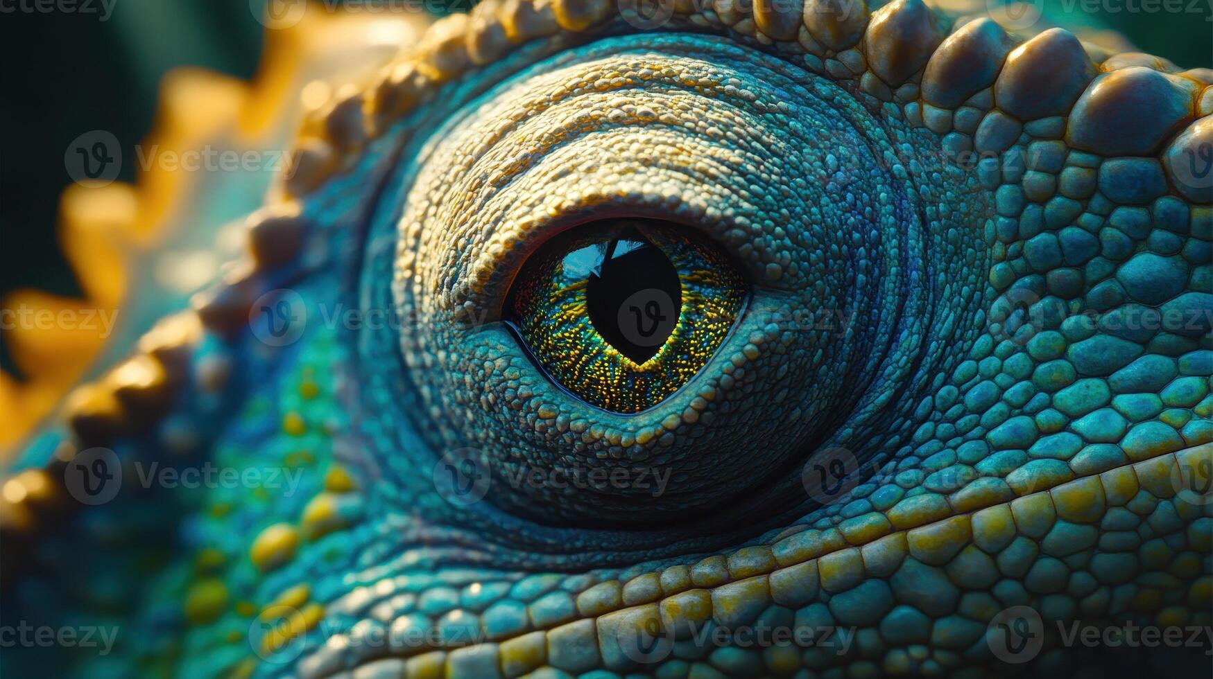 Close-up of a vibrant green lizard's eye showing intricate patterns in a natural habitat during daylight photo