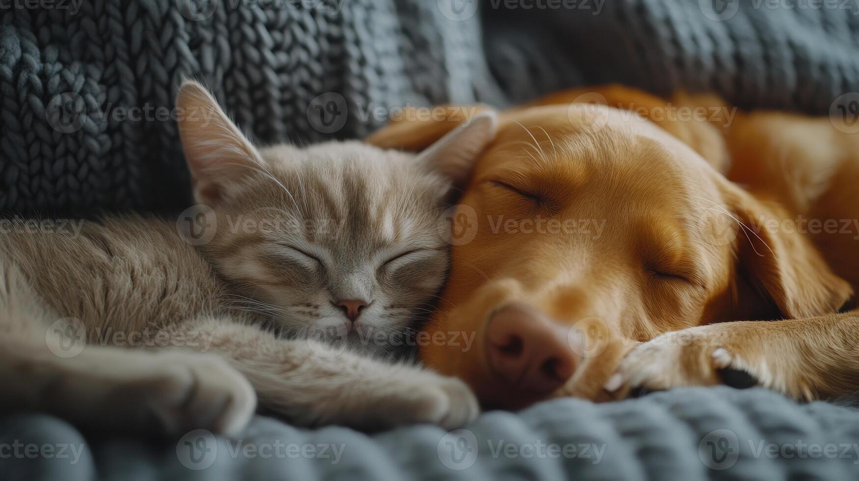 A cat and dog peacefully sleeping together on a cozy blanket at home photo