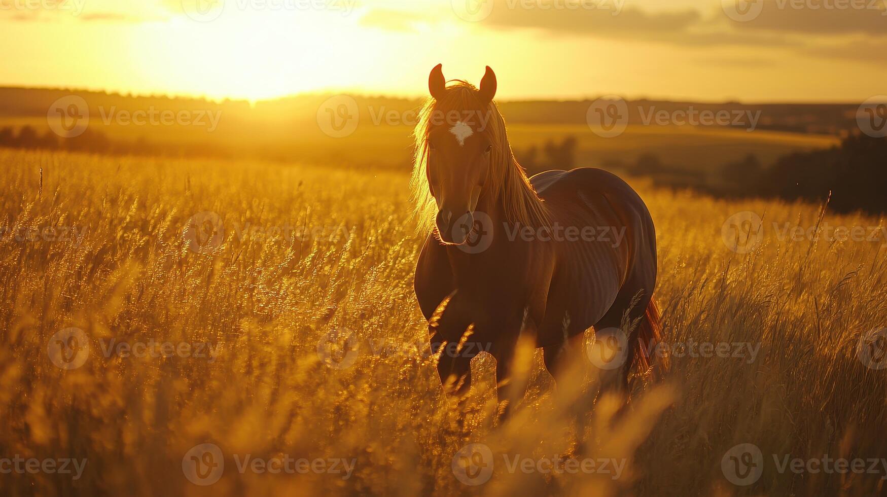A horse walking through golden grass at sunset in a serene countryside landscape photo
