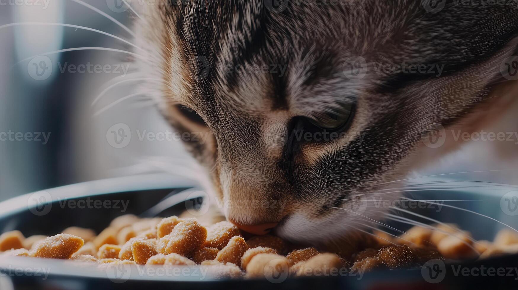 Cat enjoying kibble from a black bowl indoors during daylight hours photo