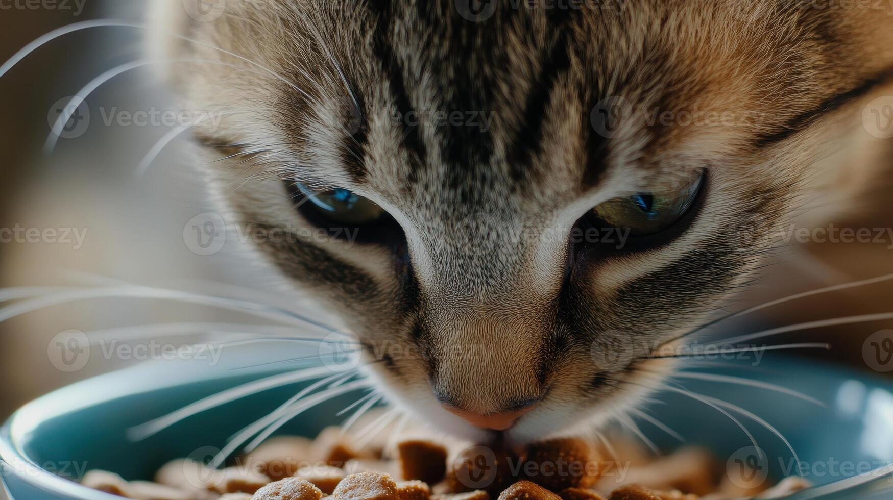 Cat enjoying a meal from a blue bowl in a cozy indoor setting during daylight hours photo