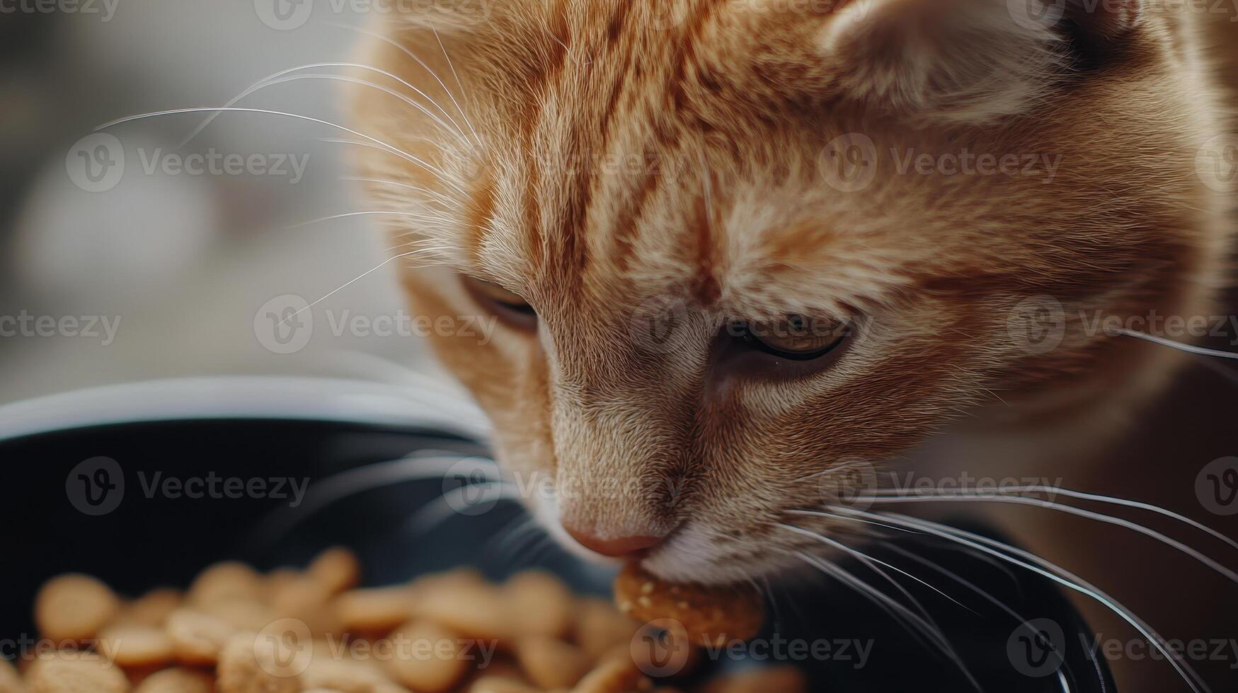 A close-up of a ginger cat eating from a black bowl filled with kibble in a cozy indoor setting photo