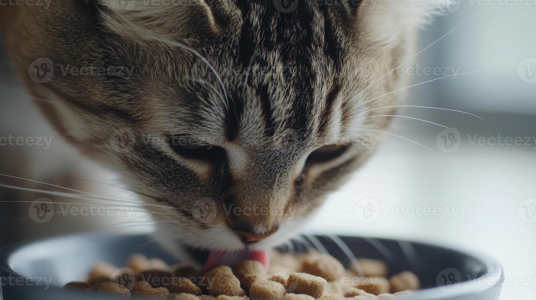 Cat eating dry food from a blue bowl during the afternoon in a well-lit home setting photo