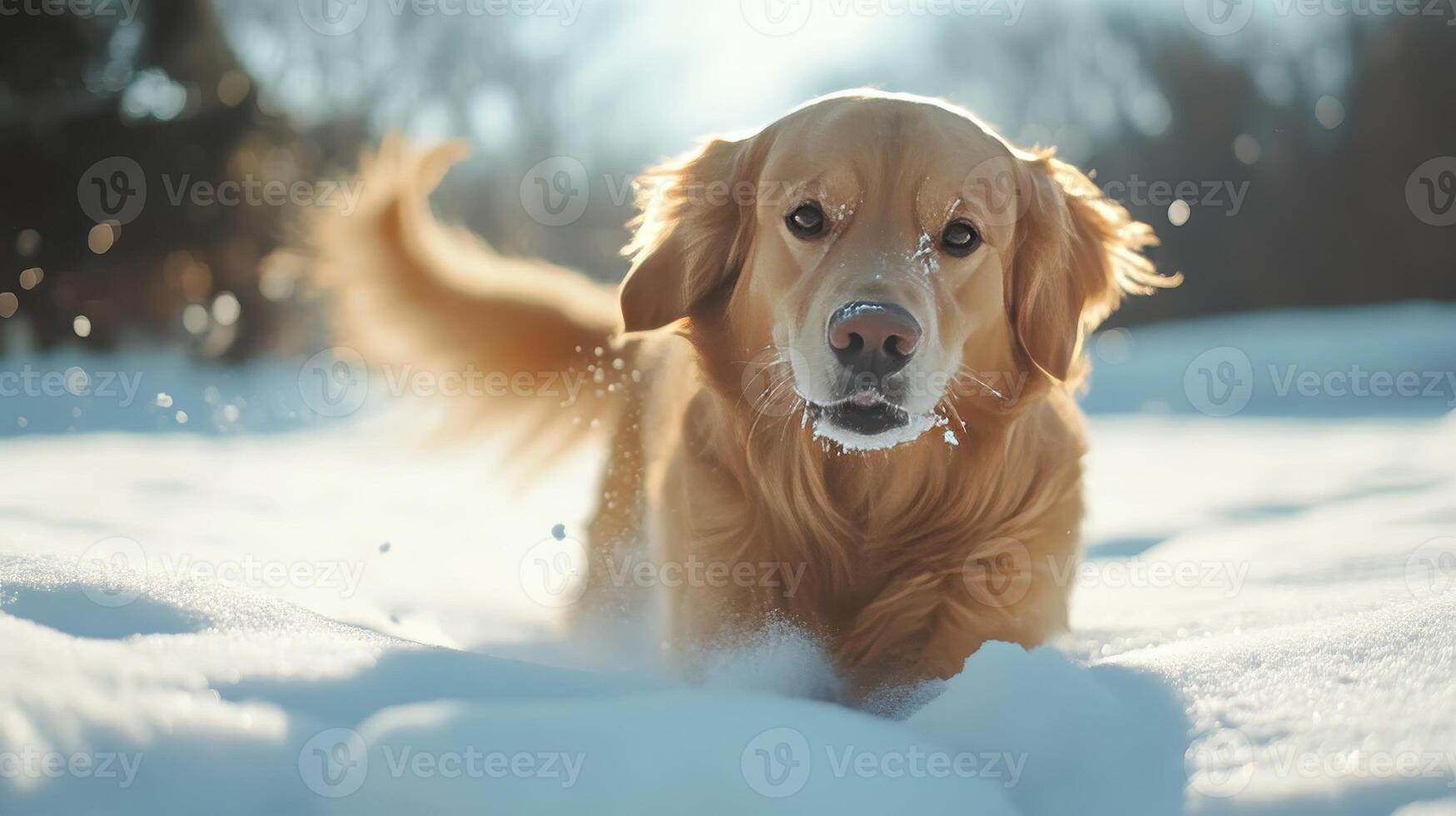 Golden retriever playing joyfully in fresh snow on a sunny winter afternoon photo