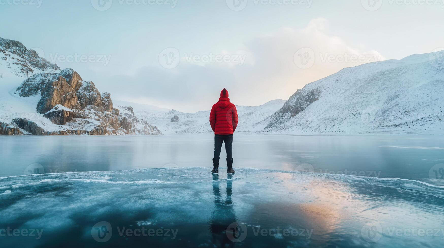 A person in a red jacket stands on frozen lake ice surrounded by snow-capped mountains at dawn photo