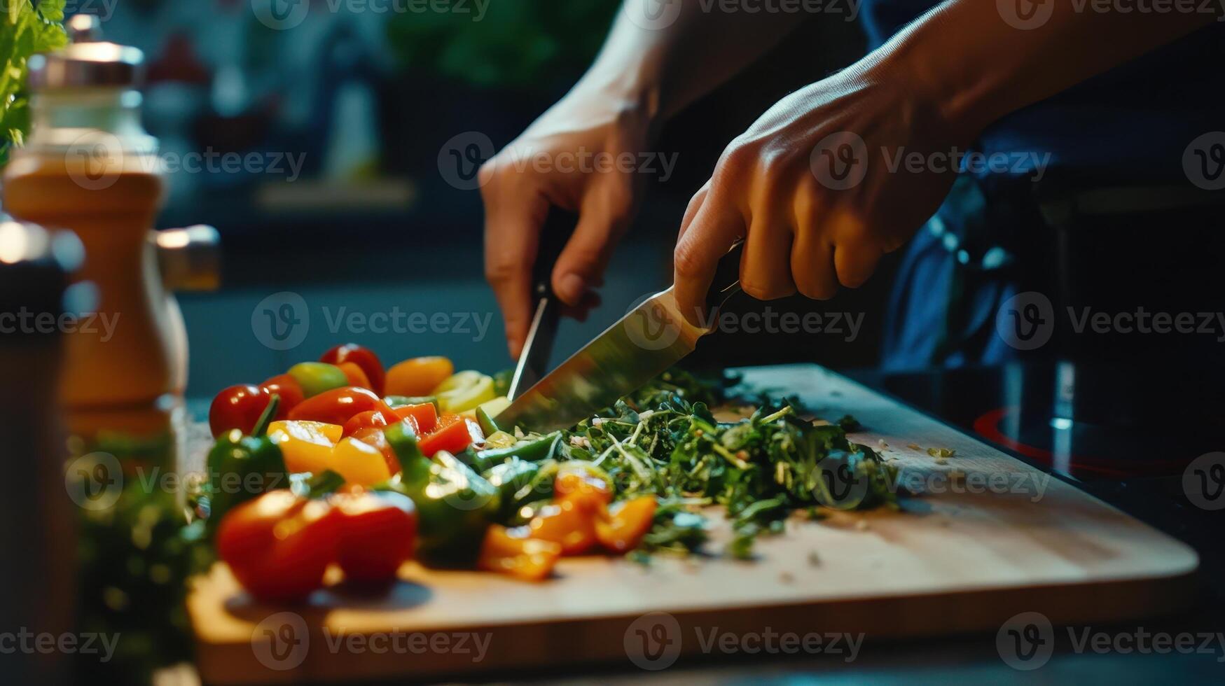 Preparing a fresh vegetable salad in a cozy kitchen during the evening photo