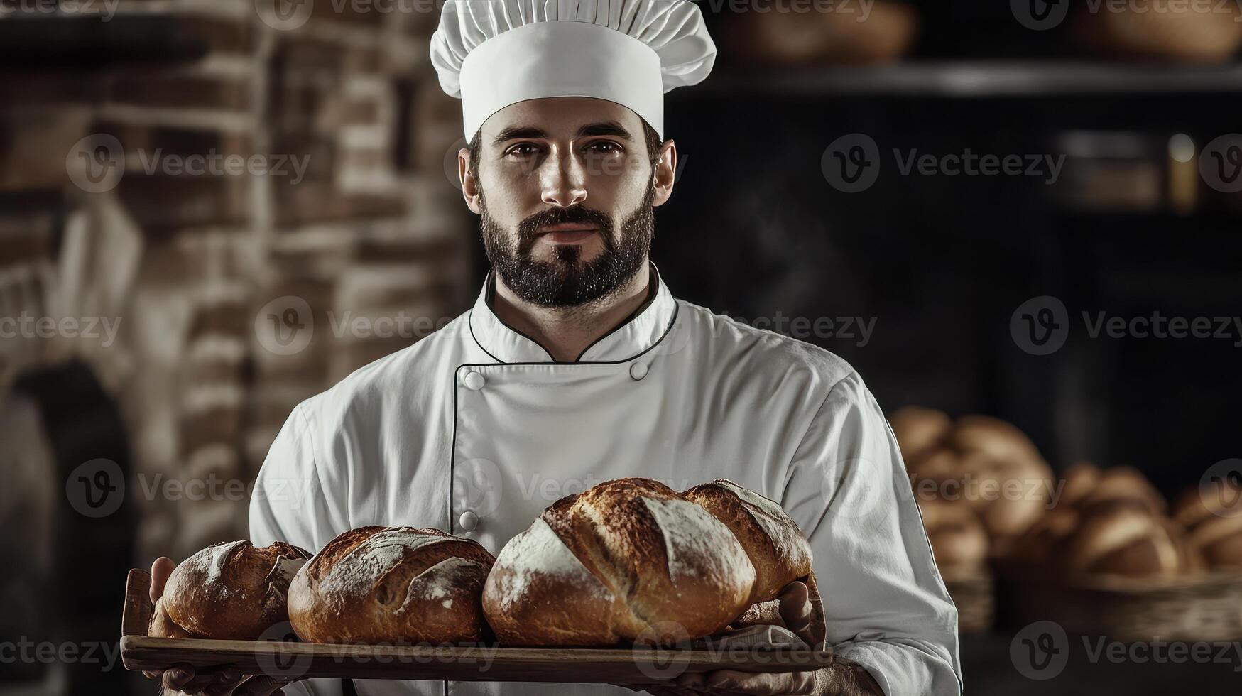 Baker holding freshly baked artisan bread in a rustic bakery during the day photo
