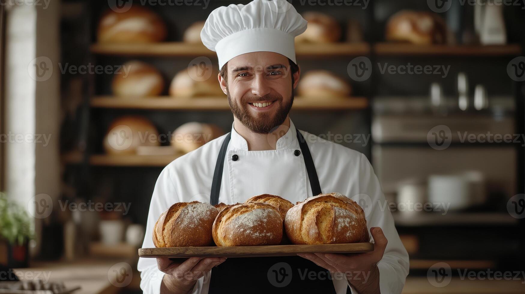 Baker presenting fresh loaves of bread in a warm bakery setting during the day photo