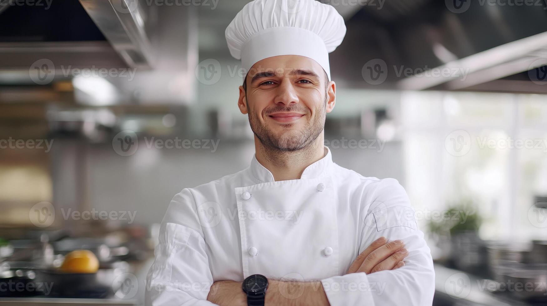 Chef in a restaurant kitchen wearing a uniform and hat, smiling confidently with arms crossed during service hours photo