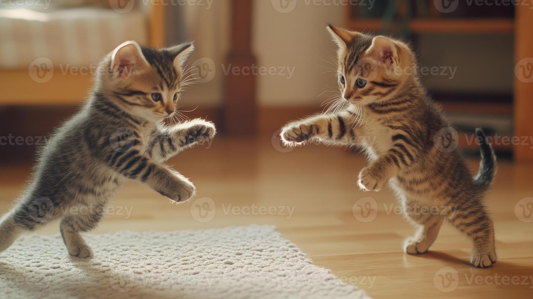 Two playful kittens interacting on a soft rug in a cozy indoor living space during the afternoon photo