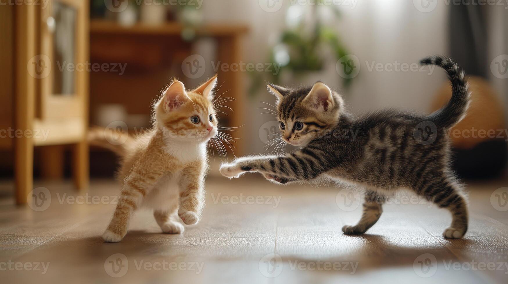 Playful kittens frolicking in a cozy indoor living space during daylight hours photo