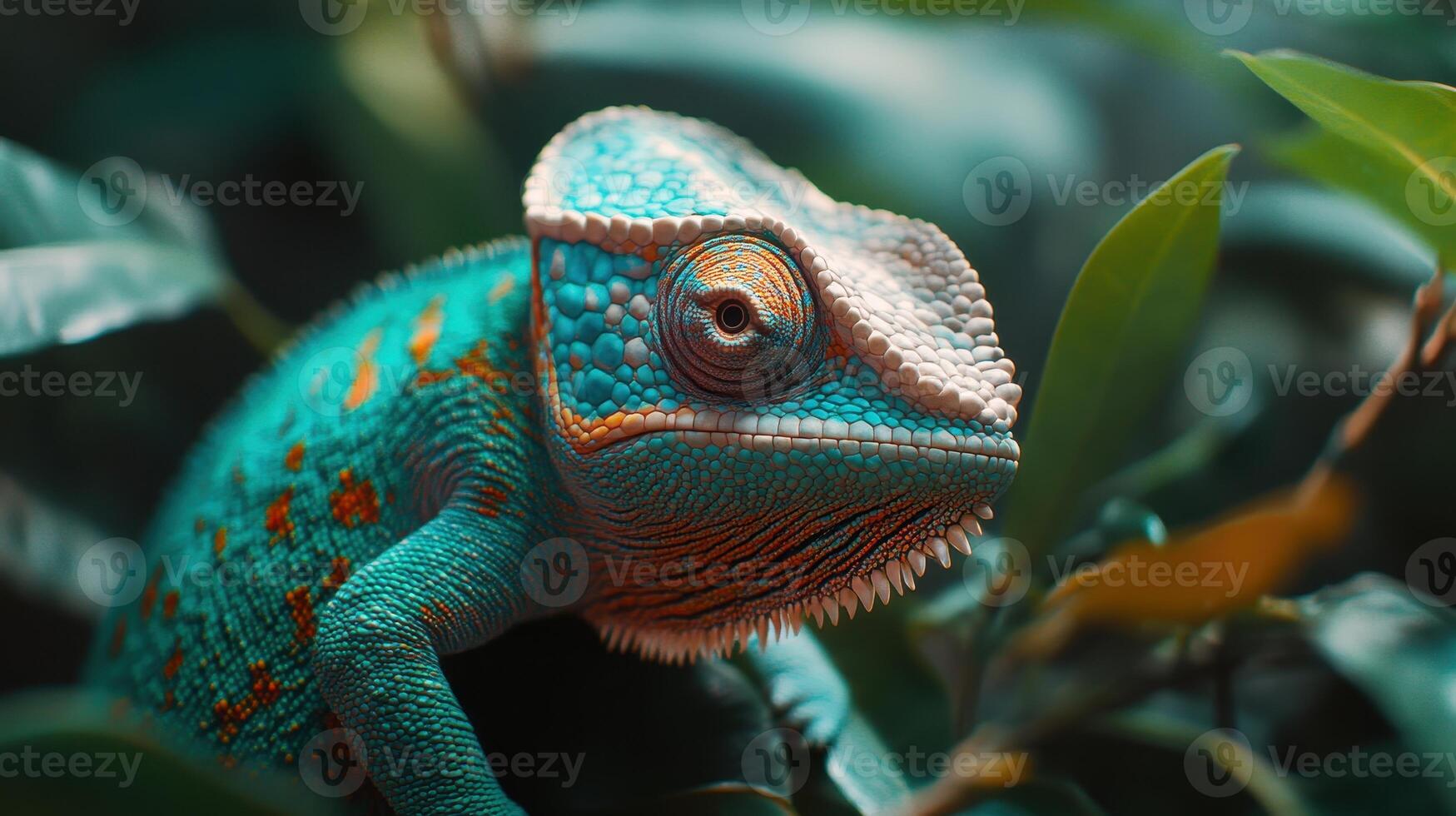 Brightly colored chameleon resting on leaves in a tropical rainforest during daylight photo