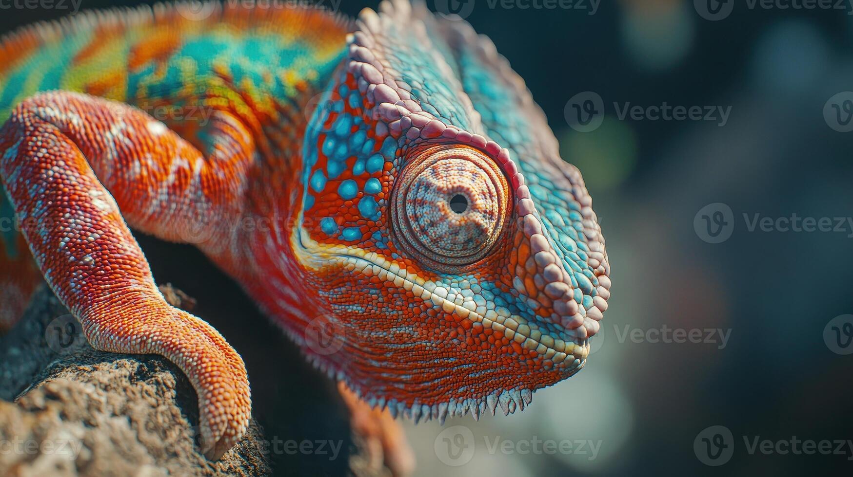 Colorful chameleon perched on a rock in a tropical environment during daylight hours photo