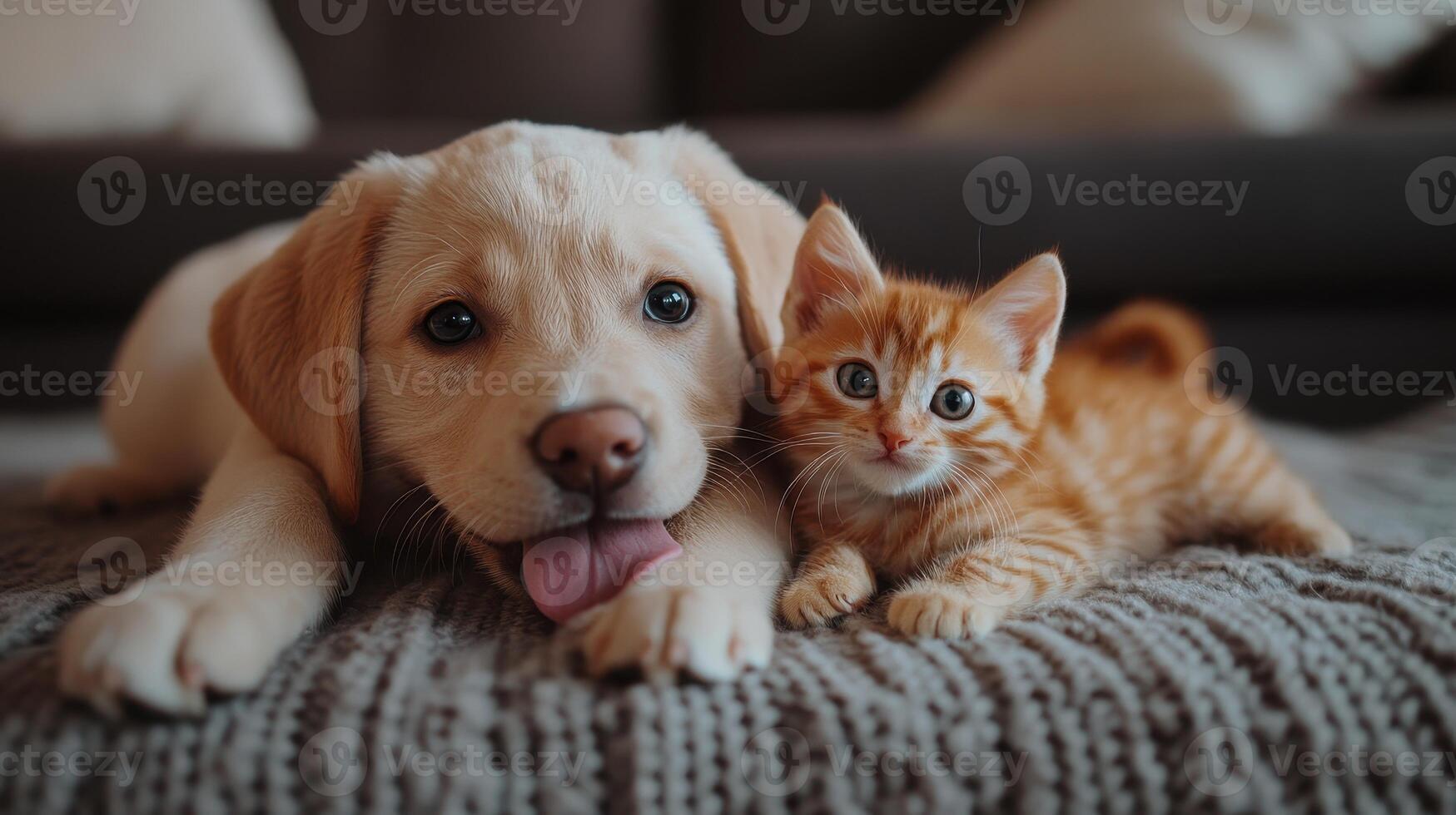 Puppy and kitten cuddling on a cozy blanket in a living room during the afternoon photo