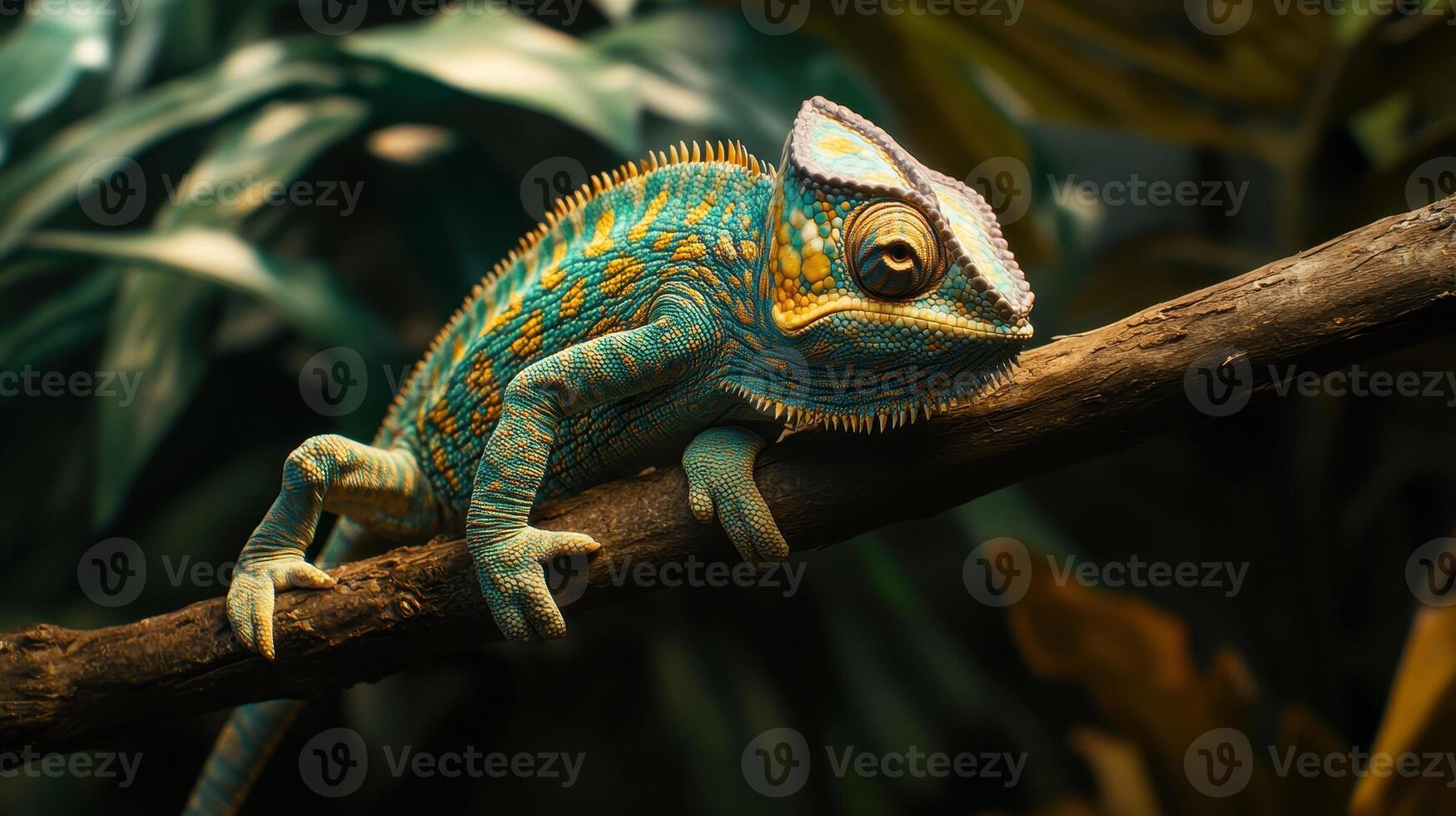 A vibrant chameleon perched on a branch amid lush green foliage in a tropical habitat during daylight photo