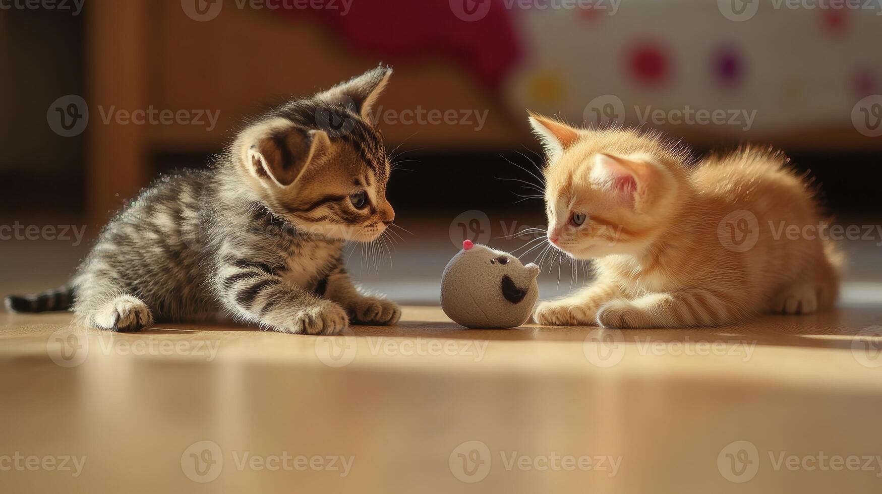 Two kittens play together with a small toy mouse in a bright indoor setting during the afternoon photo