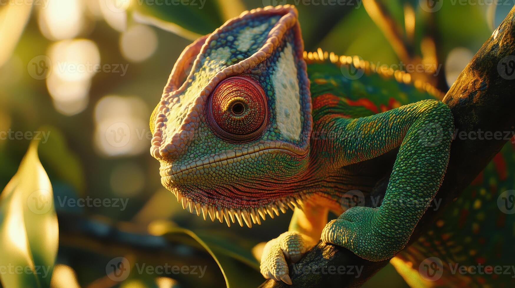Colorful chameleon perched on a branch in a lush forest during golden hour photo