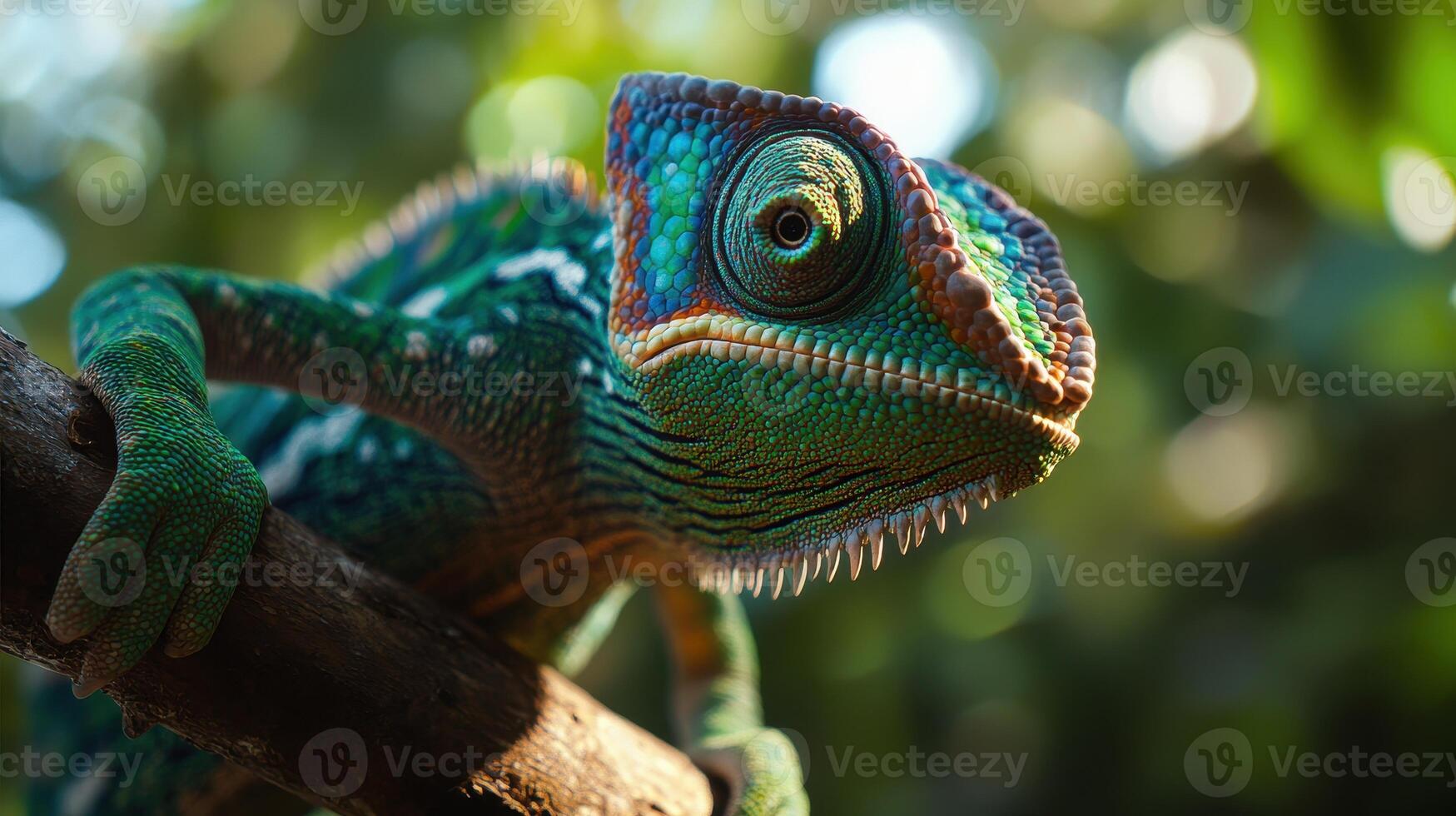 Colorful chameleon perched on a branch in a lush green environment during daylight photo