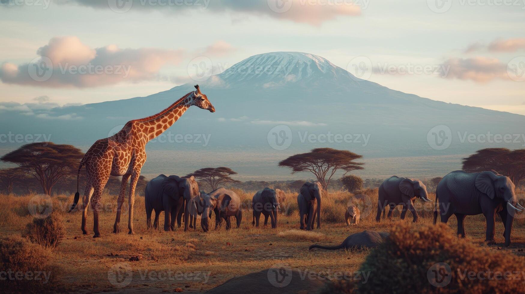 Giraffe stands tall among elephants in African savannah with Mount Kilimanjaro in the background during golden hour photo