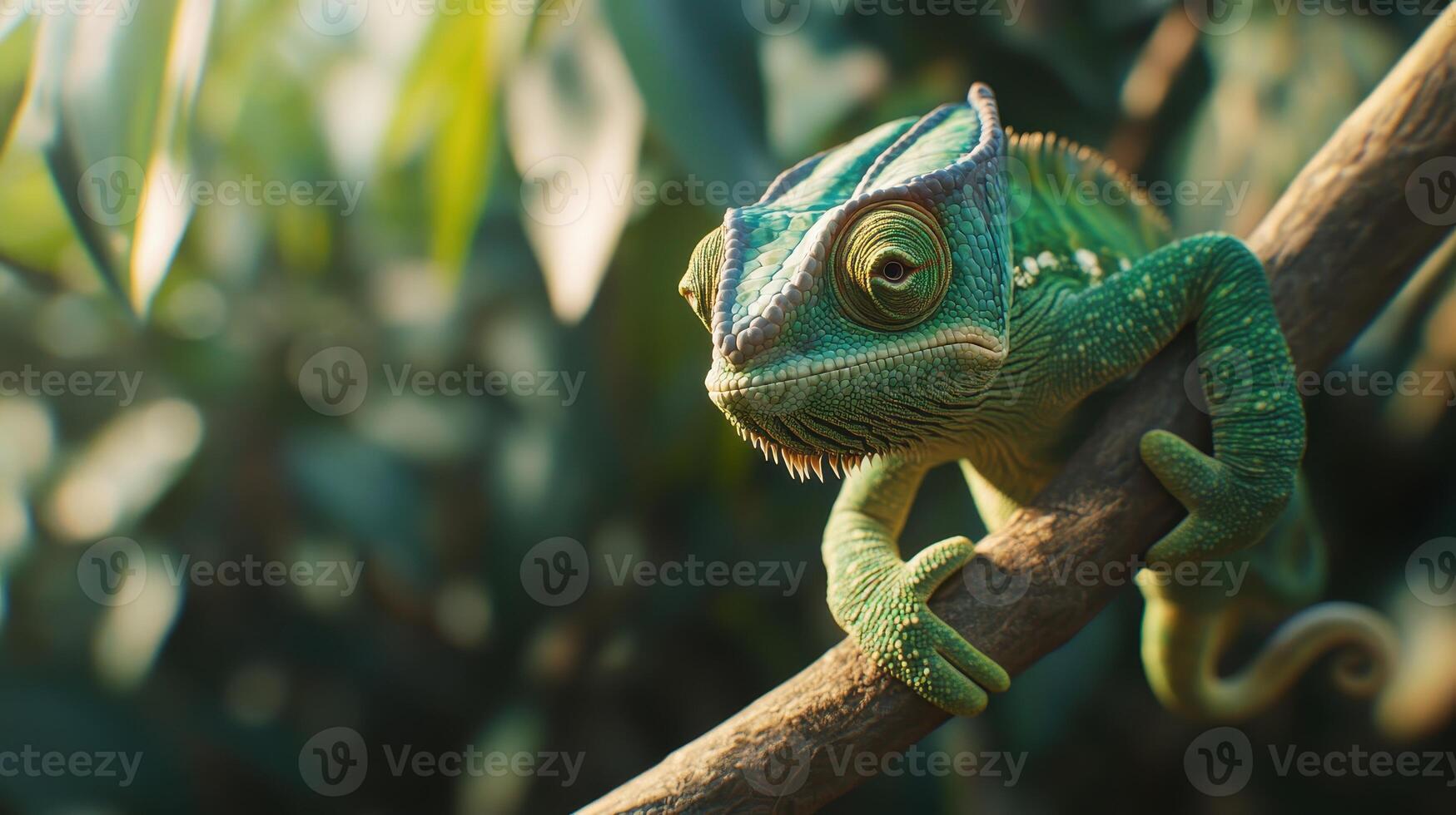 A vibrant green chameleon perched on a branch amidst lush foliage in a sunlit forest setting photo