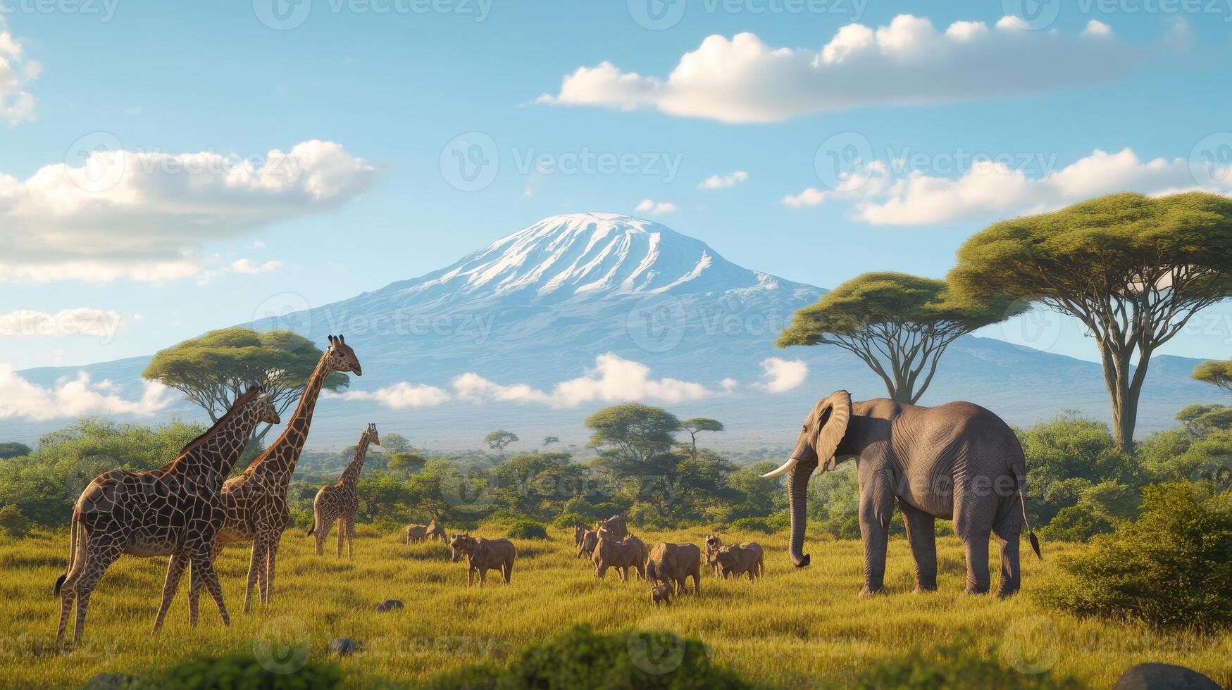 Elephants and giraffes grazing in the savanna near Mount Kilimanjaro on a sunny afternoon photo