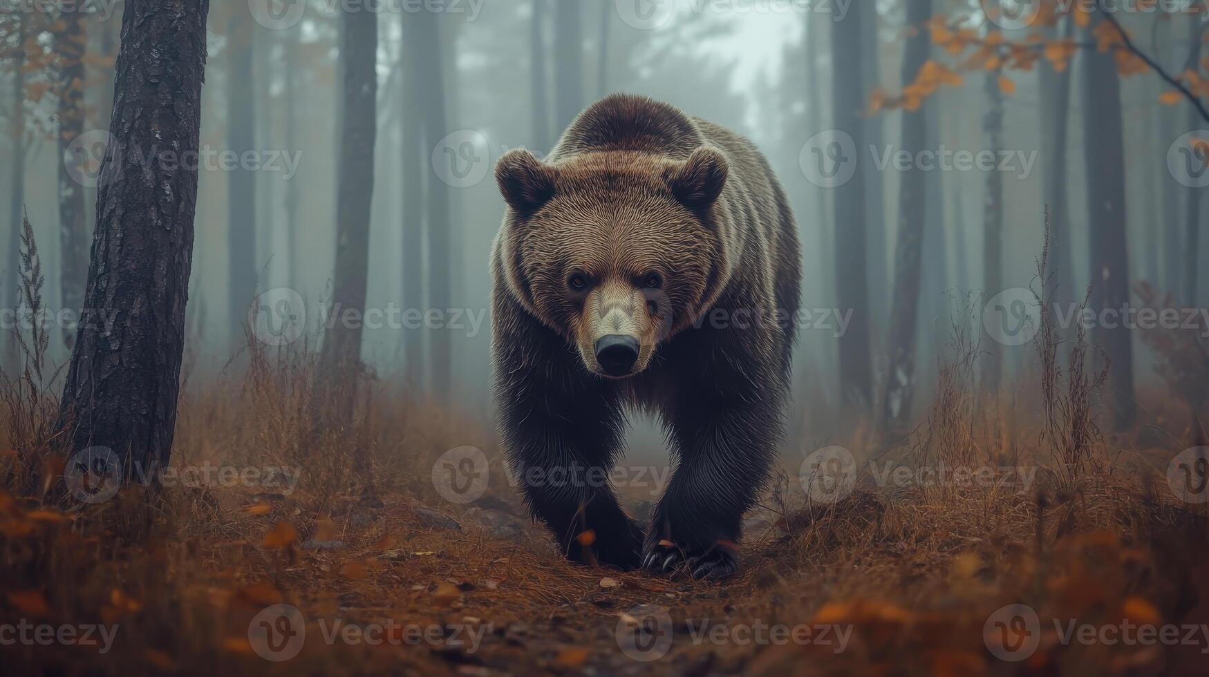 Brown bear walking through a misty forest in autumn, surrounded by trees and foliage during the early hours of the day photo