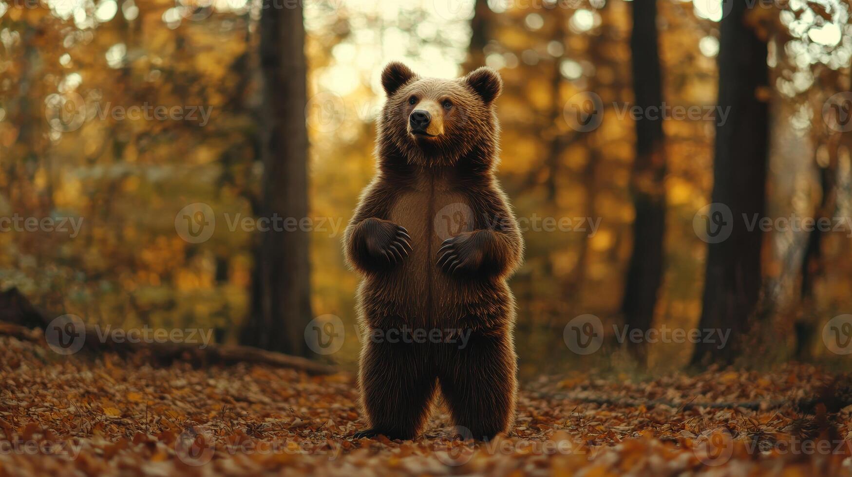 A brown bear stands upright among golden autumn leaves in a serene forest setting during sunset photo