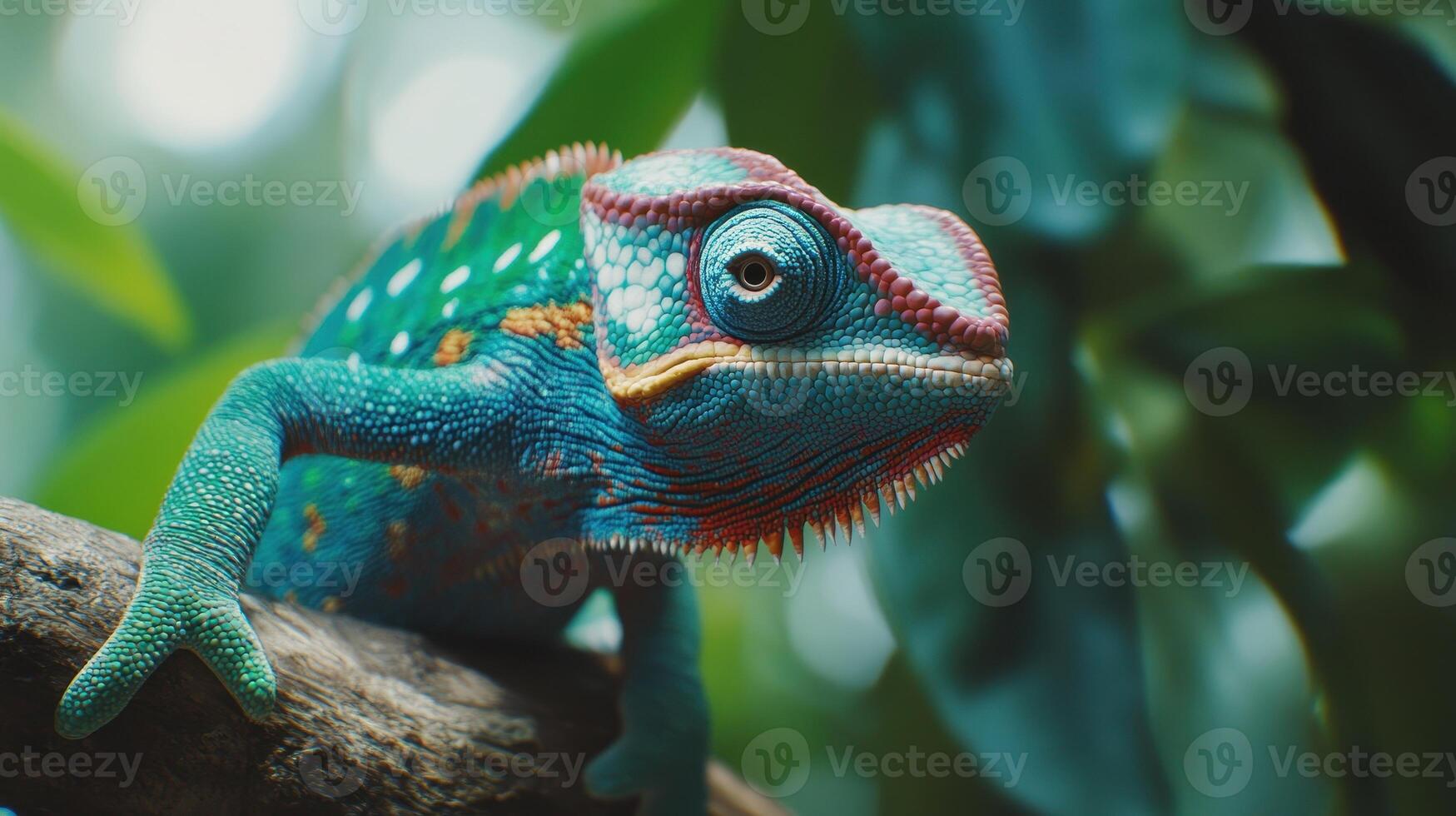 A vibrant chameleon perched on a branch surrounded by lush green foliage in a tropical setting photo
