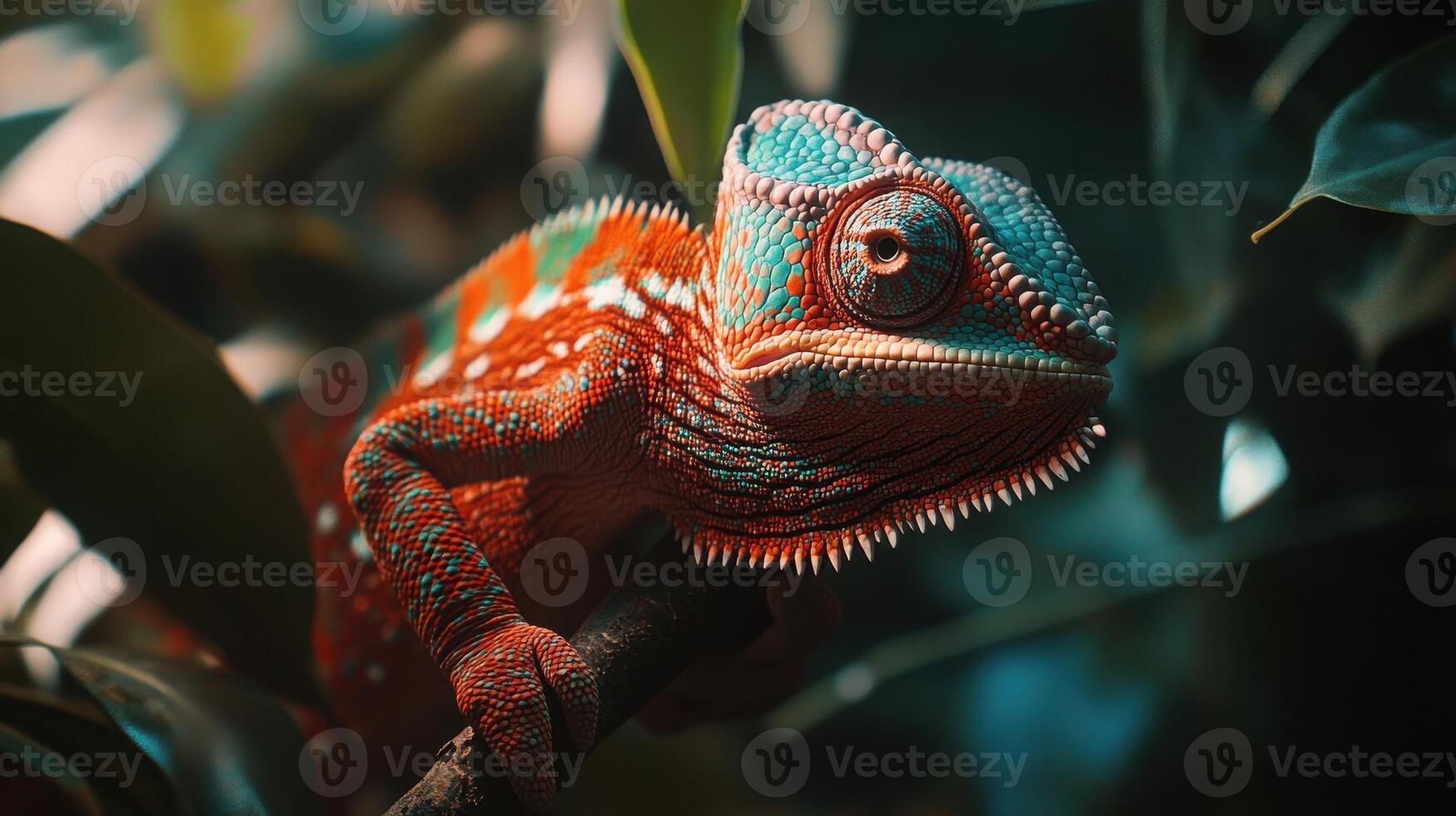 A vibrant chameleon resting on a branch surrounded by lush greenery in a tropical habitat during daylight photo