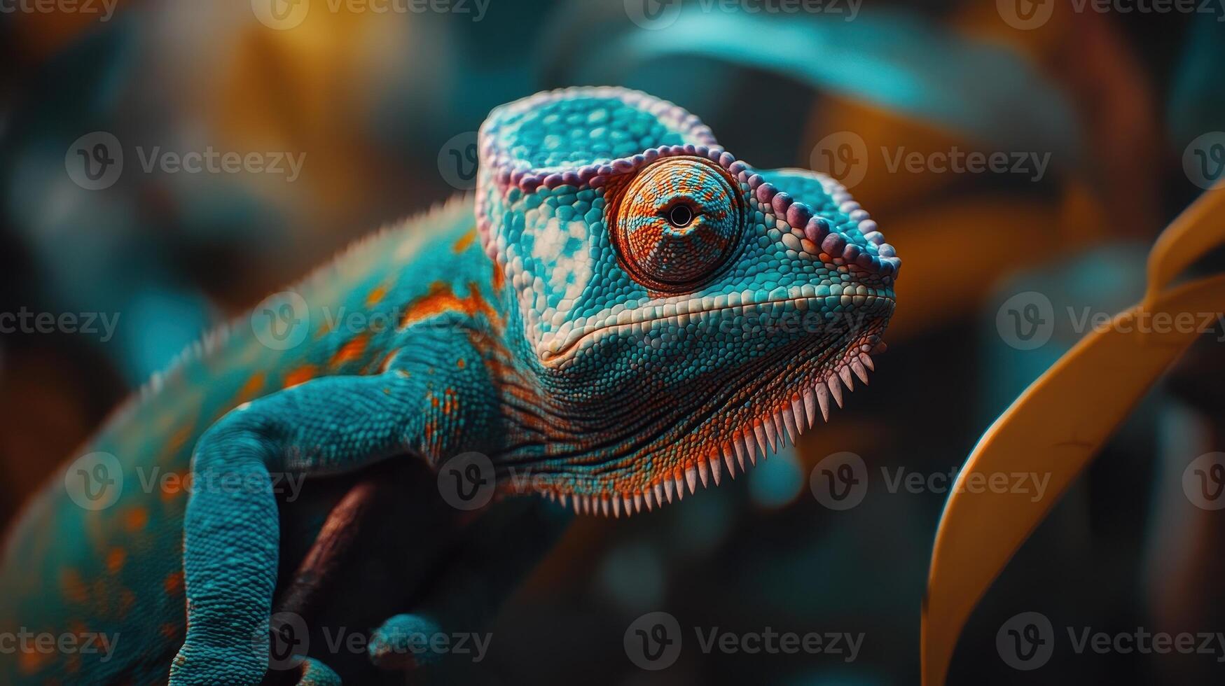 Colorful chameleon perched on a branch in a lush tropical forest during the day photo