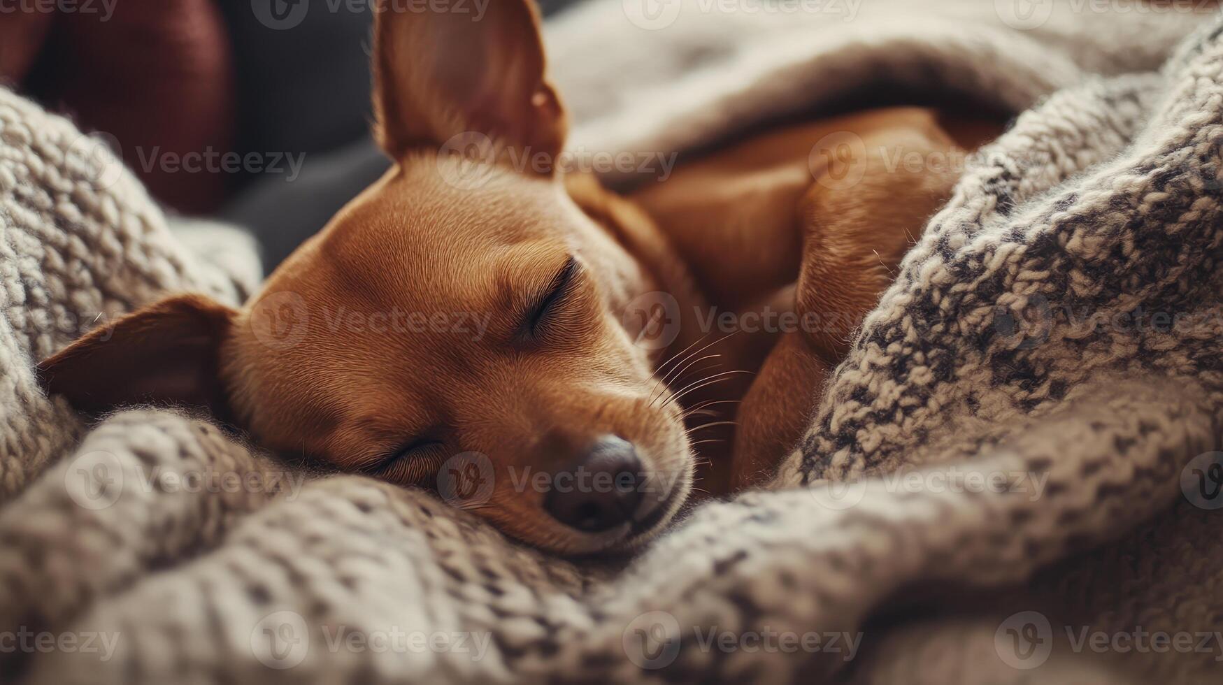 A sleeping Chihuahua nestled in a cozy blanket on a chilly afternoon indoors photo