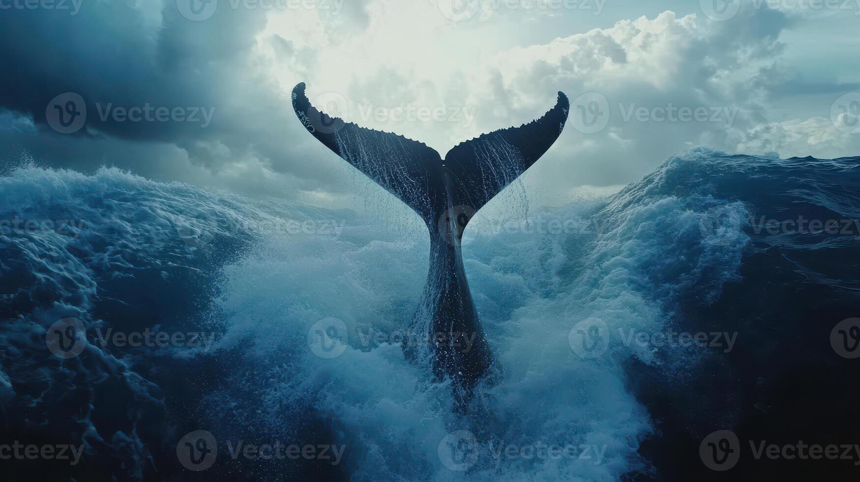 A whale tail emerging from ocean waves under a dramatic cloudy sky during sunset photo