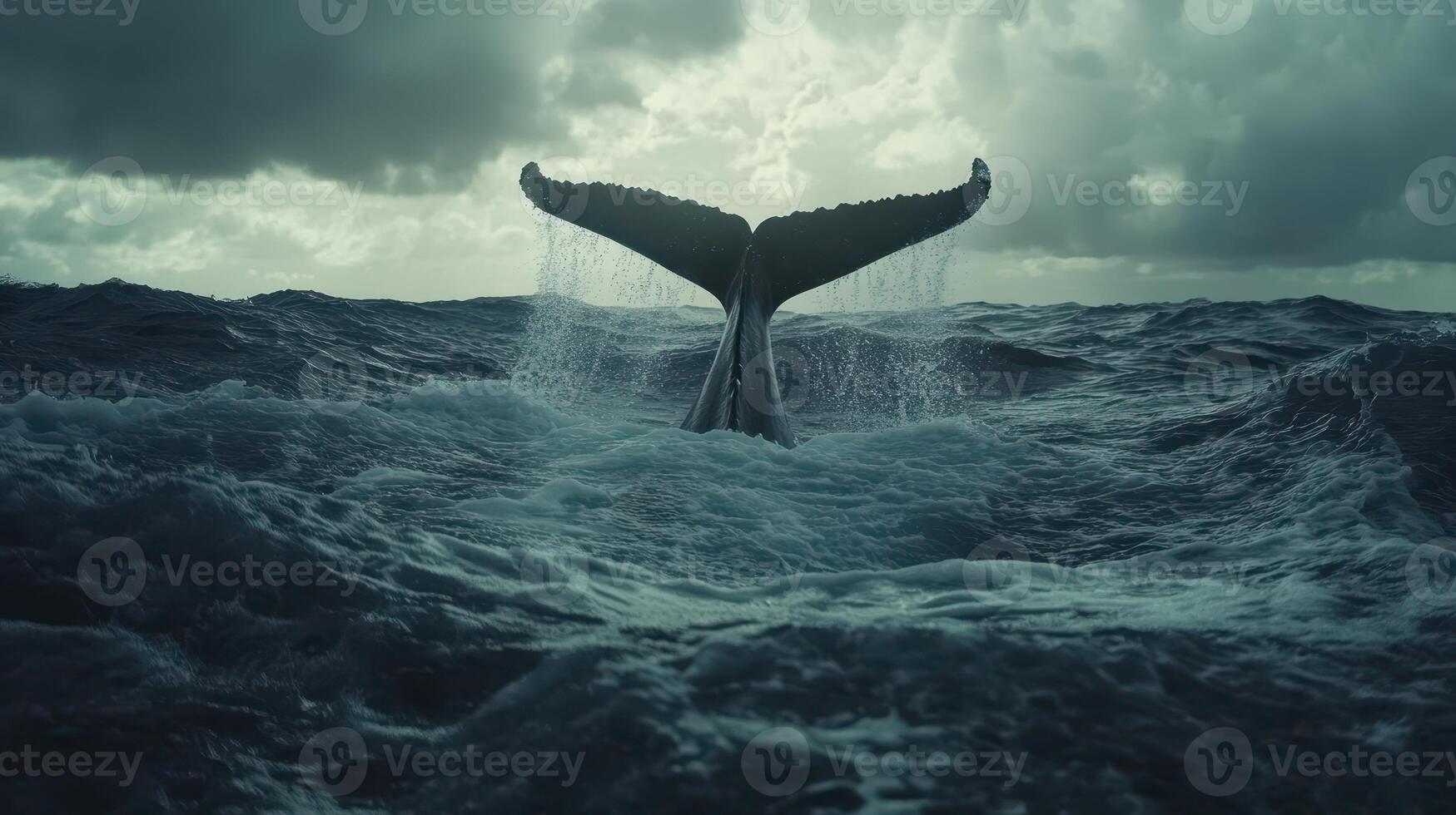 Whale tail surfacing in turbulent ocean waters under cloudy skies photo